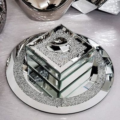 Biznest 30Cm Round Diamante Mirrored Crystal Candle Plate Candle Holder Loose Jewel Candle Holder- Best Gift