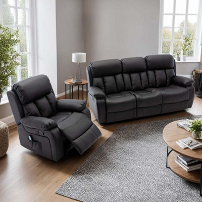 More4Homes Chester Manual Recliner Bonded Leather 1+3 Seater Sofa Set (Black) - image 1