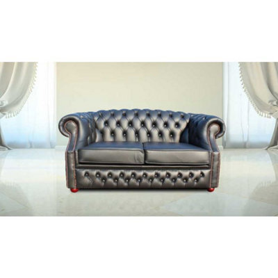 Chesterfield 2 Seater Shelly Black Real Leather Sofa Bespoke In Buckingham Style - image 1