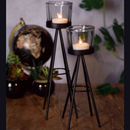 Urbn-Living Urbnliving 2Pcs 8X19Cm & 8X24Cm Tall Metal Tripod Tealight Candle Stick Stand Glass Holder Set - thumbnail 1