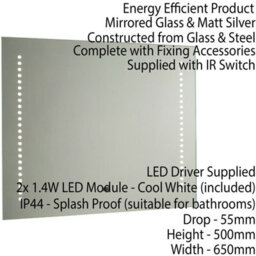 Ip44 Led Bathroom Mirror 50Cm X 60Cm Vanity Light Ir Switch & Dual Shaver Socket - thumbnail 2