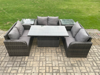 Fimous Rattan Garden Outdoor Furniture 3 Pc Love Sofa Set Patio Adjustable Rising Lifting Dining Table With 2 Side Tables - image 1