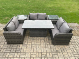 Fimous Rattan Garden Outdoor Furniture 3 Pc Love Sofa Set Patio Adjustable Rising Lifting Dining Table With 2 Side Tables - thumbnail 1