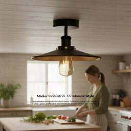 Vintage Semi Flush Ceiling Light Industrial 22Cm Black Inner Gold Metal Lampshade E27 Led Bulb Ceiling Lamp - thumbnail 5