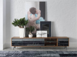 Angel Cerda Stylish Walnut And Black Steel Tv Unit With Mirror Effect Glass - thumbnail 2