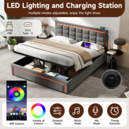 Matteo King Size Velvet Ottoman Bed Frame With Hydraulic Storage, Rgb Led Headboard, Usb & Type-C Charging Station - Grey - thumbnail 7