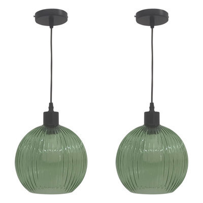 First Choice Lighting Set Of 2 Betchley - Green Ribbed Glass Globe With Black Pendants - image 1