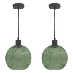 First Choice Lighting Set Of 2 Betchley - Green Ribbed Glass Globe With Black Pendants