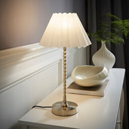 Valuelights Maeve White Scallop Pleated Taper Shade Brushed Chrome Bobbin Bobbles Table Lamp