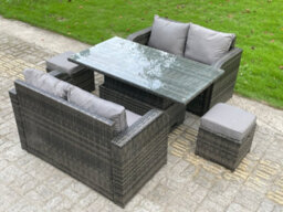 Fimous Pe Rattan Garden Furniture Sofa Set Dining Table Height Adjustable Rising Lifting Table Two Seater Double Love Sofa - thumbnail 2