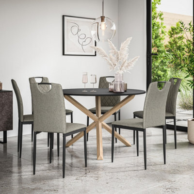 More4Homes Malvern Round Dining Table And Chairs -  Black Table Top W Solid Oak Legs + Monza Fabric Dining Chair Set Of 6 (Grey) - image 1