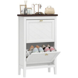 Homcom Shoe Cabinet With 2 Flip Drawers, Narrow Shoe Storage Cabinet, White - thumbnail 2