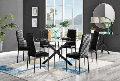 Furniturebox Uk Novara Black Leg 120Cm Round Glass Dining Table & 6 Black Velvet Milan Black Leg Chairs - image 1