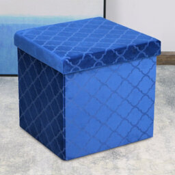 Foldable Velvet Lattice Trellis Storage Box Ottoman Cube 38Cmx38Cm For Bedroom, Living Room, Hallway - Navy - thumbnail 1