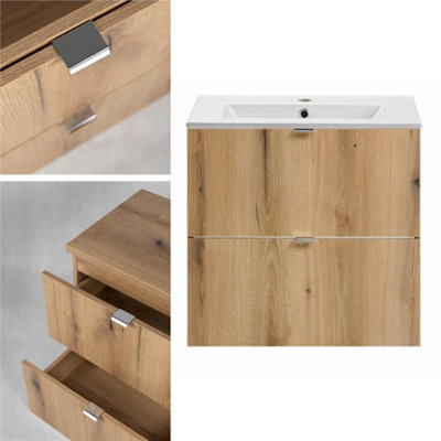 Impact Furniture Bathroom Vanity Unit With Sink Oak Drawers Narrow Slim Cabinet Wall Hung 600mm Ceramic Basin Nova - image 1