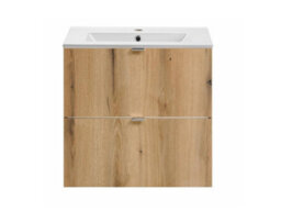 Impact Furniture Bathroom Vanity Unit With Sink Oak Drawers Narrow Slim Cabinet Wall Hung 600mm Ceramic Basin Nova - thumbnail 2