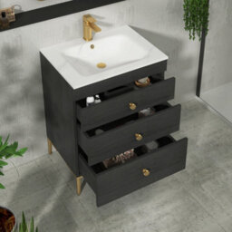 Royal Bathrooms Royal Bathroom Verona 600mm Black Woodgrain 3-Drawer Floor Standing Vanity Unit With Carrara White Basin & Brushed Brass Knob - thumbnail 5
