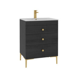 Royal Bathrooms Royal Bathroom Verona 600mm Black Woodgrain 3-Drawer Floor Standing Vanity Unit With Carrara White Basin & Brushed Brass Knob - thumbnail 6