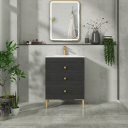 Royal Bathrooms Royal Bathroom Verona 600mm Black Woodgrain 3-Drawer Floor Standing Vanity Unit With Carrara White Basin & Brushed Brass Knob - thumbnail 4