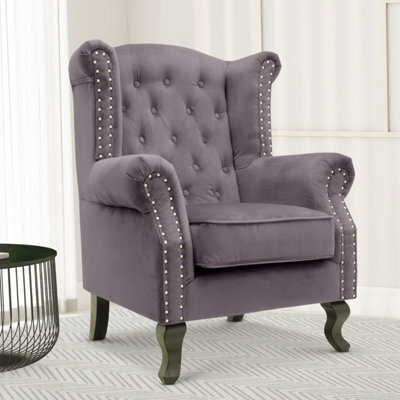 Velvet Wing Back Fireside Henley Chair Armchair With Buttons Dark Grey - image 1