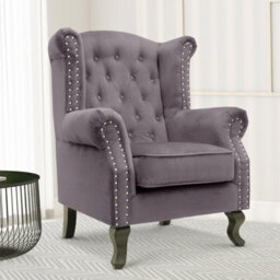 Velvet Wing Back Fireside Henley Chair Armchair With Buttons Dark Grey
