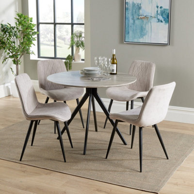 Core Products Aspen Grey Oak Effect 100Cm Round Dining Table With 4 Natural Fabric Diamond Stitch Design Chairs - image 1