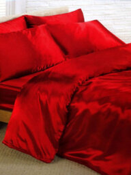 Red Satin Super King Duvet Cover, Fitted Sheet And 4 Pillowcases Set
