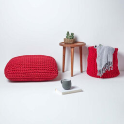 Homescapes Red Square Cotton Knitted Pouffe Floor Cushion - thumbnail 6