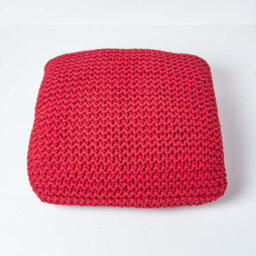 Homescapes Red Square Cotton Knitted Pouffe Floor Cushion - thumbnail 3