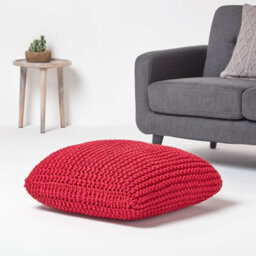 Homescapes Red Square Cotton Knitted Pouffe Floor Cushion - thumbnail 2