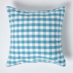 Homescapes Blue Block Check Cotton Gingham Cushion Cover, 60 X 60 Cm