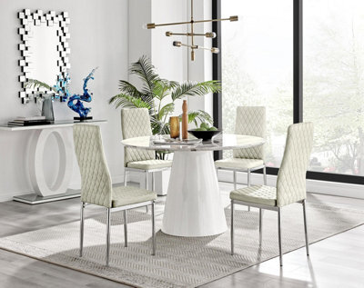 Furniturebox Uk Palma White Marble Effect Round Dining Table & 4 Cream Velvet Milan Chairs - image 1