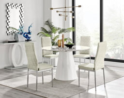 Furniturebox Uk Palma White Marble Effect Round Dining Table & 4 Cream Velvet Milan Chairs - thumbnail 1