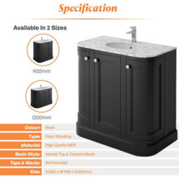 Plum&clay Fairmont Traditional Curved Black Floor Standing Vanity Unit With Ceramic Basin & Marble Top (W)900mm - thumbnail 4