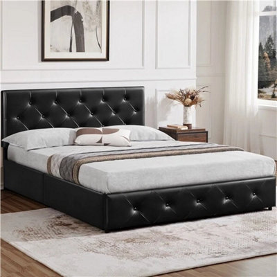 150X200Cm Black Upholstered Platform Bed With Adjustable Headboard And 2 Drawers - image 1