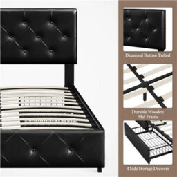 150X200Cm Black Upholstered Platform Bed With Adjustable Headboard And 2 Drawers - thumbnail 6