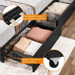150X200Cm Black Upholstered Platform Bed With Adjustable Headboard And 2 Drawers - thumbnail 4