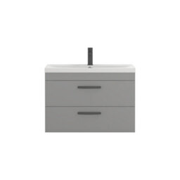 Royal Bathrooms Turin Indigo Grey Gloss 800mm Wall Hung Vanity Unit 2 Drawer With Mid-Edge Basin Sink & Matt Black Handles - thumbnail 6