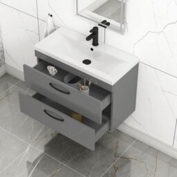 Royal Bathrooms Turin Indigo Grey Gloss 800mm Wall Hung Vanity Unit 2 Drawer With Mid-Edge Basin Sink & Matt Black Handles - thumbnail 3