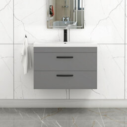 Royal Bathrooms Turin Indigo Grey Gloss 800mm Wall Hung Vanity Unit 2 Drawer With Mid-Edge Basin Sink & Matt Black Handles