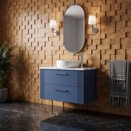 Balterley Belvide Partial Fluted 2 Drawer Wall Hung Vanity Unit With Carrera Marble Laminate Worktop - 800mm - Satin Blue - thumbnail 4