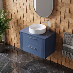 Balterley Belvide Partial Fluted 2 Drawer Wall Hung Vanity Unit With Carrera Marble Laminate Worktop - 800mm - Satin Blue - thumbnail 3
