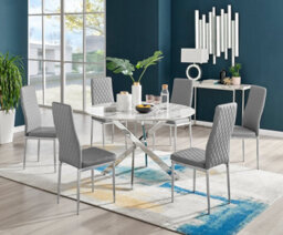 Furniturebox Novara White Marble Effect 120Cm Round Dining Table With Chrome Starburst Legs & 6 Grey Faux Leather Milan Chairs