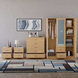 Lassic Vida Designs Riano 4 Piece Bedroom Set (2 Drawer Bedside Chest, 5 Drawer Chest, 3 Door 2 Drawer Mirrored Wardrobe), Pine - thumbnail 2