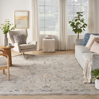 Ivory Traditional Abstract Floral Rug Easy To Clean Dining Room-300Cm X 411Cm