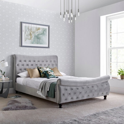 Bedmaster Oxford Grey Velvet Chesterfield Sleigh Bed King Size