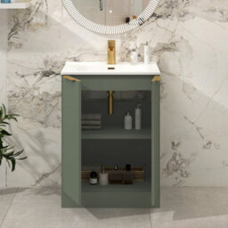 Royal Bathrooms Evora 600mm Sage Green Fluted Floor Standing Bathroom Vanity Unit 2 Door Cabinet With Ceramic Basin & Brushed Brass Handles - thumbnail 3