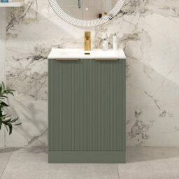 Royal Bathrooms Evora 600mm Sage Green Fluted Floor Standing Bathroom Vanity Unit 2 Door Cabinet With Ceramic Basin & Brushed Brass Handles - thumbnail 1