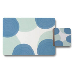 Benjamin Tate Design Blue Circular Print Placemats And Coasters Set With Wood Bottom Designer Artwork Limited Edition