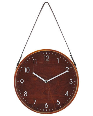 Beliani Heritage Home Wall Clock - 26 Cm Brown Mdf Frame With Faux Leather Hanger - image 1